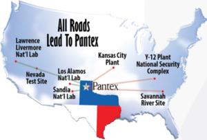map of the U.S. with nuclear facilities highlighted with the title "all roads lead to Pantex"